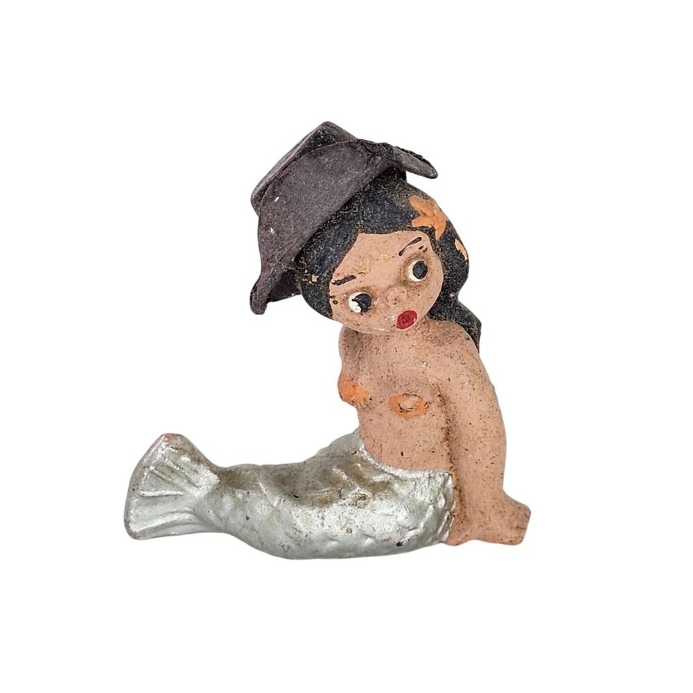 Vintage Spanish Mud People Mermaid Figurine Wearing Hat Terracotta